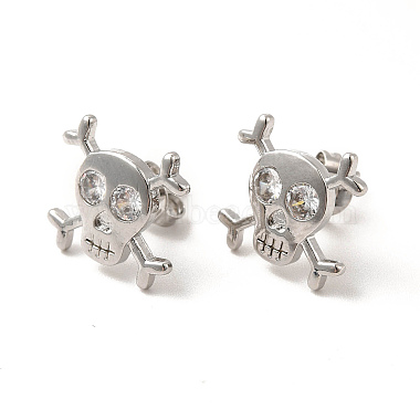 Rack Plating Brass Pave Clear Cubic Zirconia Skull Stud Earrings(EJEW-F301-29)-2