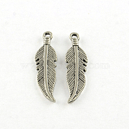Tibetan Style Alloy Pendants, Feather, Cadmium Free & Lead Free, Antique Silver, 25.5x7x1mm, Hole: 1.5mm, about 1388pcs/1000g(TIBE-Q051-02AS-LF)