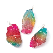 Electroplated Raw Rough Natural Quartz Copper Wire Wrapped Big Pendants, Triple Tone Nuggets Charms, Silver Plated Color, Colorful, 42~59x27~37x17~24mm, Hole: 3mm(PALLOY-JF02283-02)