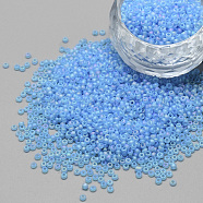 12/0 Grade A Round Glass Seed Beads, Transparent Frosted Style, AB Color Plated, Deep Sky Blue, 2x1.5mm, Hole: 0.8mm, about 3333pcs/50g(X-SEED-Q010-M546)