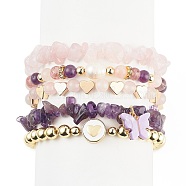 5Pcs 5 Style Natural Mixed Gemstone Chips & Natural Pearl & Brass Heart Beaded Stretch Bracelets Set, Alloy Butterfly Charms Stackable Bracelets for Women, Inner Diameter: 1-7/8~2-1/8 inch(4.9~5.45cm), 1Pc/style(BJEW-JB08988)