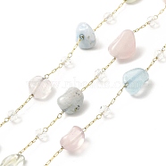 Ion Plating(IP) 316 Surgical Stainless Steel Paperclip Chains, with Natural Morganite Nuggets Beads and Glass Beads, Soldered, Real 18K Gold Plated, with Spool, Link: 3x1x0.3mm, Glass: 3~4.5mm, Gemstone: 6~10x4~9.5x4~7mm(CHS-I019-13E)