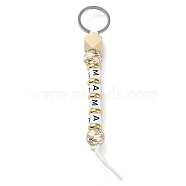 Wood and Plastic Beads Keychain Decorationes, with Silicone Beads and Metal Rings, MAMA Word, White, 145mm(KEYC-B016-01)
