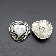 Alloy Buttons, with Synthetic Turquoise, Heart, Antique Silver, White, 29x30mm, Screw: 4mm(PW-WG77759-03)