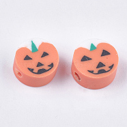 Halloween Theme Handmade Polymer Clay Beads, Pumpkin Jack-O'-Lantern, Dark Salmon, 10x5mm, Hole: 1.5mm(CLAY-S091-70)