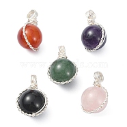 Natural Mixed Stone Copper Wire Wrapped Pendants, Round Charms, 23x14.5x12mm, Hole: 4.2mm(PALLOY-JF02181-01)