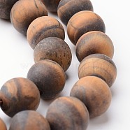 Frosted Round Natural Tiger Eye Bead Strands, Grade AB, 12mm, hole: 1mm, about 32~33pcs/strand, 15 inch(G-J346-15-12mm)