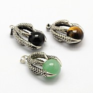 Vintage Natural Bezel Mixed Gemstone Pendants, with Antique Silver Plated Alloy Findings, Animal Claw with Round Beads, 37x25x16mm, Hole: 5x3mm(G-M038-03)