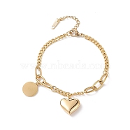 Heart & Flat Round Stainless Steel Charm Bracelet for Women, Golden, 7-1/8 inch(18cm)(STAS-P304-30G)