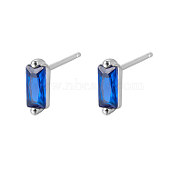 Cubic Zirconia Rectangle Stud Earrings, Silver 925 Sterling Silver Post Earrings, with 925 Stamp, Blue, 7.8x3mm(FU7889-1)