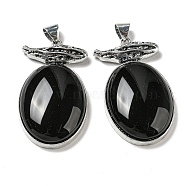 Natural Obsidian Big Pendants, Antique Silver Plated Alloy Oval Charms, 56x32x11mm, Hole: 7x6.5mm(G-Z050-09C)