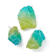 Electroplated Raw Rough Natural Quartz Copper Wire Wrapped Big Pendants, Two Tone Nuggets Charms, Silver Plated Color, Lime Green, 42~59x27~37x17~24mm, Hole: 3mm(PALLOY-JF02283-01)
