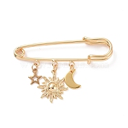 304 Stainless Steel Star & Sun & Moon Charms Safety Pin Brooch, Brass Sweater Shawl Clips for Waist Pants Extender Clothes Dresses Decorations, Golden, 32x50x7mm, Pin: .5mm(JEWB-BR00080)