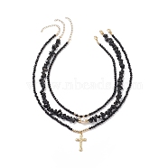 3Pcs 3 Style 304 Stainless Steel Corss Pendant Necklaces Set, Natural Black Onyx & Obsidian & Pearl Beaded Stackable Necklaces for Women, Black, 14.96~19.29 inch(38~49cm), 1Pc/style(NJEW-JN04071)