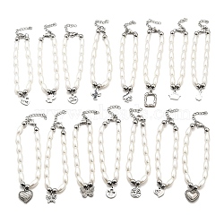 304 Stainless Steel Charm Bracelets for Women, Mixed Shapes, with Plastic Imitation Pearl Beads, Stainless Steel Color, 7 inch(17.9cm)(BJEW-C098-14P)