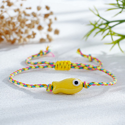 Handmade Porcelain Bead Adjustable Bracelets, Hemp Thread Braided Bracelets for Women, Fish, Yellow, 11.02 inch(28cm)(SL6185-7)