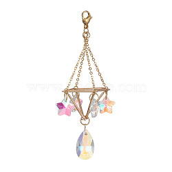 Brass Pouch Pendant Decoration, Glass Star/Teardrop and Lobster Claw Clasps Charm, Golden, 102mm(HJEW-TA00085)