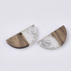 Transparent Resin & Walnut Wood Pendants, with Silver Foil, Waxed, Half Round, Silver, 14x28x3~4mm, Hole: 2mm(X-RESI-S358-54-A02)