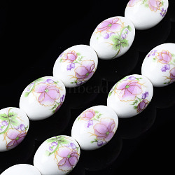 Handmade Porcelain Ceramic Beads Strands, Flower Printed, Oval, Plum, 17x13mm, Hole: 2.5mm, about 18pcs/strand, 12 inches(30.5cm)(PORC-S502-048H)