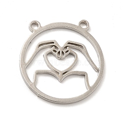 Non-Tarnish 201 Stainless Steel Outline Pendants, Flat Round with Heart Charm, Stainless Steel Color, 19.5x19x1mm, Hole: 1.4mm(STAS-E175-02P)