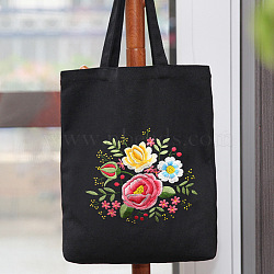 DIY Flower Pattern Black Canvas Tote Bag Embroidery Kit, including Embroidery Needles & Thread, Cotton Fabric, Plastic Embroidery Hoop, Pink, 390x340mm(PW23041850323)