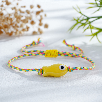 Handmade Porcelain Bead Adjustable Bracelets, Hemp Thread Braided Bracelets for Women, Fish, Yellow, 11.02 inch(28cm)