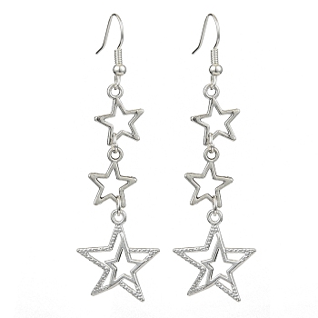 Alloy Hollow Star Dangle Earrings for Women, Platinum, 67x20.5mm