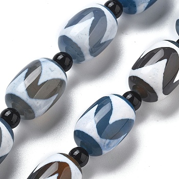 Tibetan Style dZi Beads Strands, Natural Agate(Dyed & Heated) Beads, Rice, Steel Blue, Horse Tooth Pattern, 18x13mm, Hole: 1.5mm, about 15pcs/strand, 13.78''(35cm)