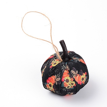 Cloth Pendant Decorations, with Hemp Rope & Foam Filled, Autumn Theme, Pumpkin with Pattern, Black, 110mm