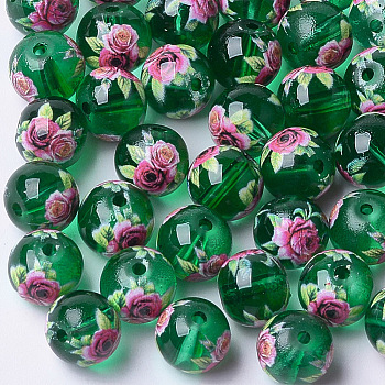 Printed & Spray Painted Transparent Glass Beads, Round with Flower Pattern, Green, 8~8.5x7.5mm, Hole: 1.4mm