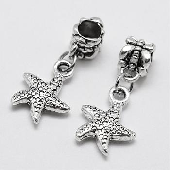 Alloy European Dangle Charms, Starfish/Sea Stars, Large Hole Pendants, Antique Silver, 28mm, Hole: 5mm