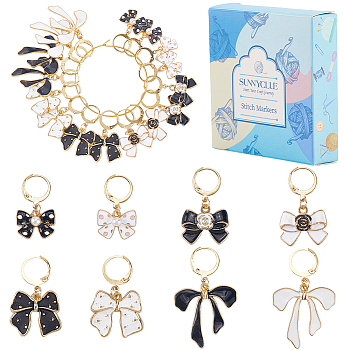 24Pcs 8 Styles Bowknot Alloy Enamel Pendant Locking Stitch Markers, with 304 Stainless Steel Leverback Earring Findings, Golden, 2.7~4cm, 3pcs/style