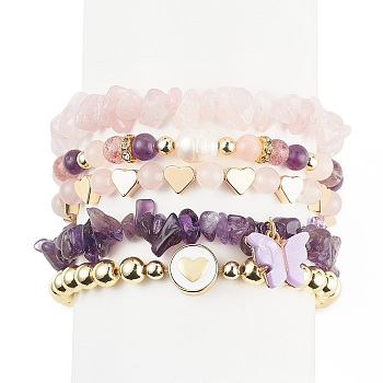 5Pcs 5 Style Natural Mixed Gemstone Chips & Natural Pearl & Brass Heart Beaded Stretch Bracelets Set, Alloy Butterfly Charms Stackable Bracelets for Women, Inner Diameter: 1-7/8~2-1/8 inch(4.9~5.45cm), 1Pc/style