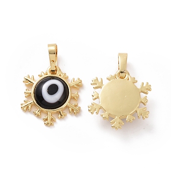 Handmade Evil Eye Lampwork Pendants, with Real 18K Gold Plated Tone Brass Findings, Snowflake Charm, Black, 15x16x4mm, Hole: 4x6.5mm