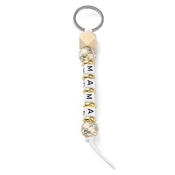 Wood and Plastic Beads Keychain Decorationes, with Silicone Beads and Metal Rings, MAMA Word, White, 145mm
