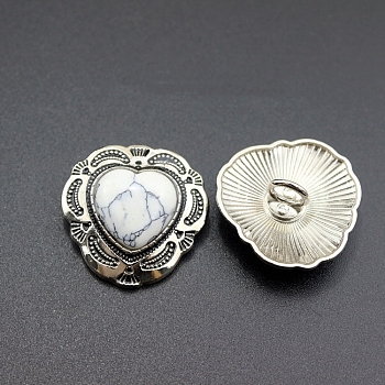 Alloy Buttons, with Synthetic Turquoise, Heart, Antique Silver, White, 29x30mm, Screw: 4mm