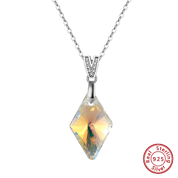 925 Sterling Silver Glass Pendant Necklaces, Rhombus, 17.91 inch(45.5cm), Pendant: 19x12mm