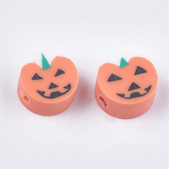 Halloween Theme Handmade Polymer Clay Beads, Pumpkin Jack-O'-Lantern, Dark Salmon, 10x5mm, Hole: 1.5mm