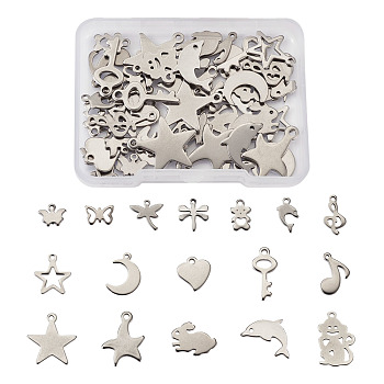 304 Stainless Steel Pendants, Mixed Shape, Stainless Steel Color, 68pcs/box