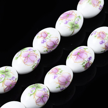 Handmade Porcelain Ceramic Beads Strands, Flower Printed, Oval, Plum, 17x13mm, Hole: 2.5mm, about 18pcs/strand, 12 inches(30.5cm)