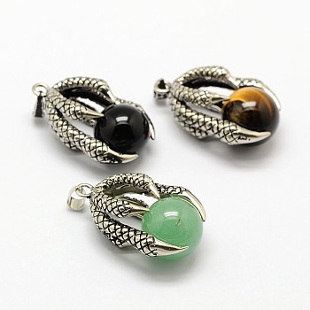 Vintage Natural Bezel Mixed Gemstone Pendants, with Antique Silver Plated Alloy Findings, Animal Claw with Round Beads, 37x25x16mm, Hole: 5x3mm