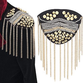 Fashionable Iron Tassel Epaulettes, Sew On Rivet Shoulder Badge, with Crystal Rhinestone, Light Gold, 196x115x7.7mm