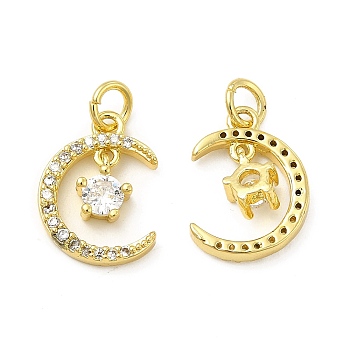 Brass Micro Pave Cubic Zirconia Pendants, with Jump Ring, Moon & Star Charm, Golden, 15.8x11.3x3.2mm, Hole: 2.5mm