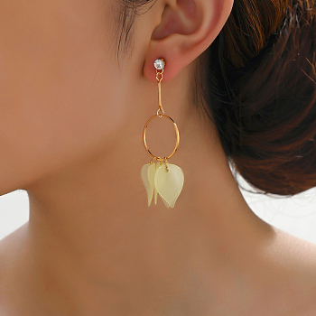 Classic Fashionable Leaf Tassel Alloy Dangle Stud Earrings, with Rhinestone, Real 14K Gold Plated, 67x40mm