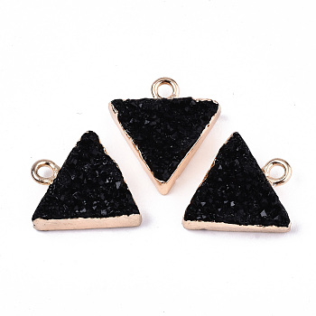Druzy Resin Pendants, with Edge Light Gold Plated Iron Loops, Triangle, Black, 17~18x15.5x6mm, Hole: 1.8mm