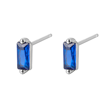 Cubic Zirconia Rectangle Stud Earrings, Silver 925 Sterling Silver Post Earrings, with 925 Stamp, Blue, 7.8x3mm