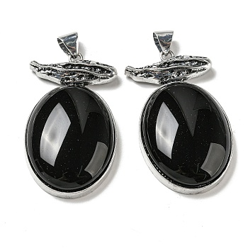 Natural Obsidian Big Pendants, Antique Silver Plated Alloy Oval Charms, 56x32x11mm, Hole: 7x6.5mm