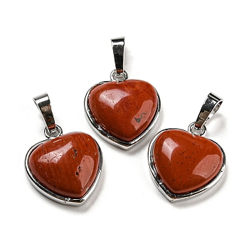 Natural Red Jasper Pendants, Heart Charms with Platinum Plated Brass Snap on Bails, 20.5x17.5x7mm, Hole: 4x8mm
