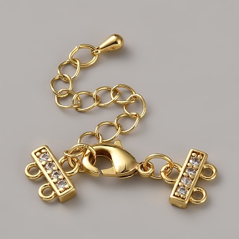 Brass Micro Pave Clear Cubic Zirconia Ends with Chains, with Lobster Claw Clasps & Twisted Chain Extension, Golden, 30x10mm