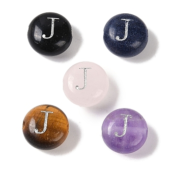 Natural Mixed Gemstone Beads, Flat Round with Letter, Letter J, 8.5~9x5~5.5mm, Hole: 1.2mm